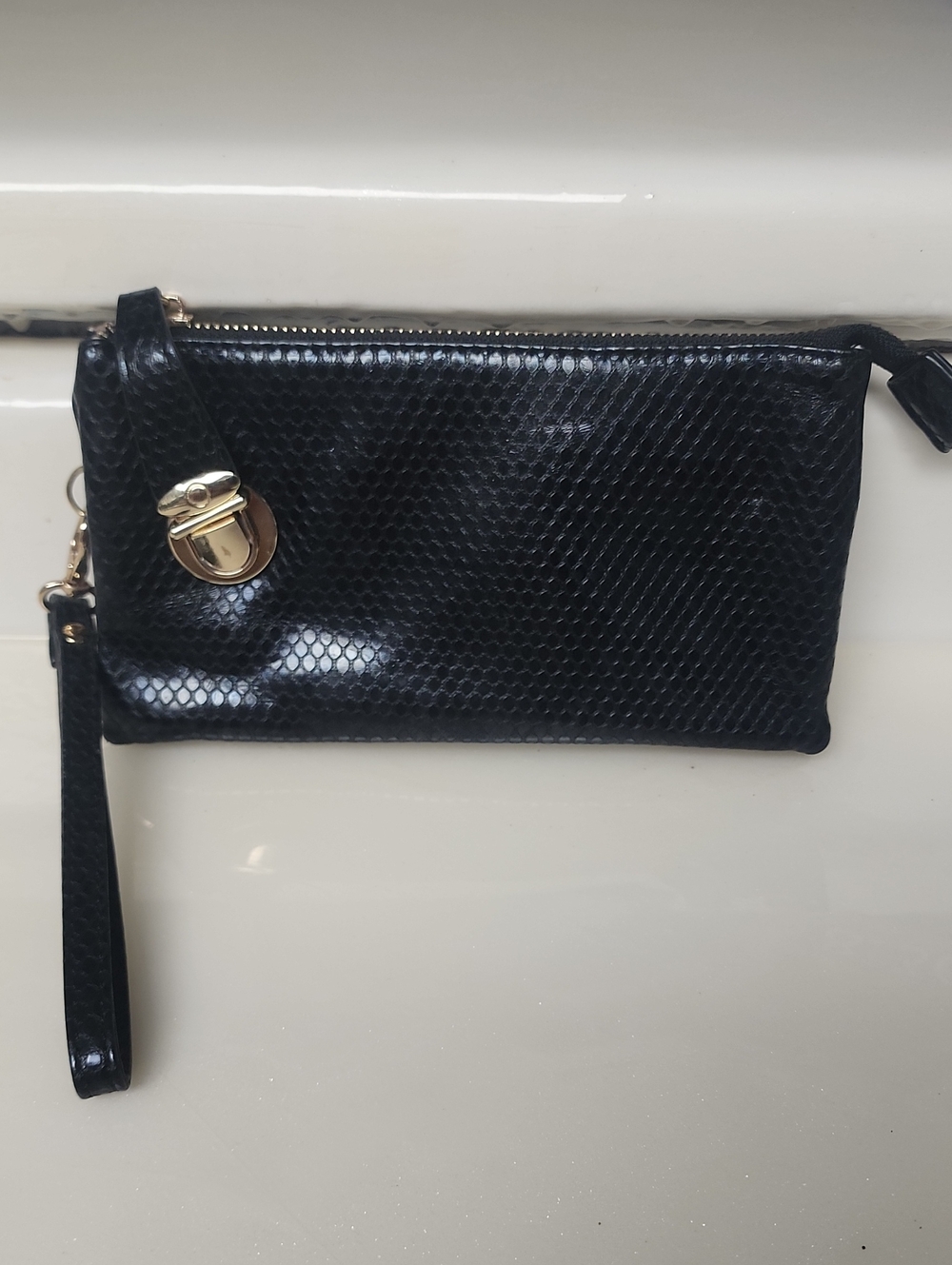 Olivia Miller Black Faux-Snakeskin Wristlet with Gold Accent